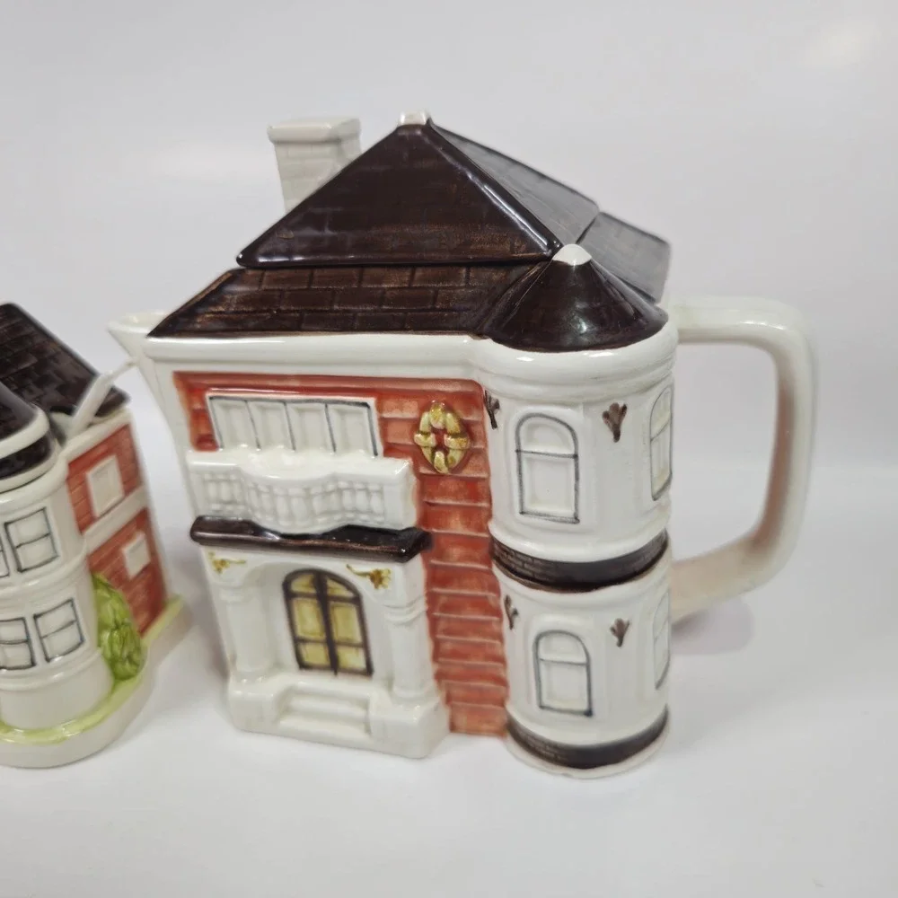Vintage Otagiri 2Pc Hand Painted Cottage House Teapot and Sugar Set Japan